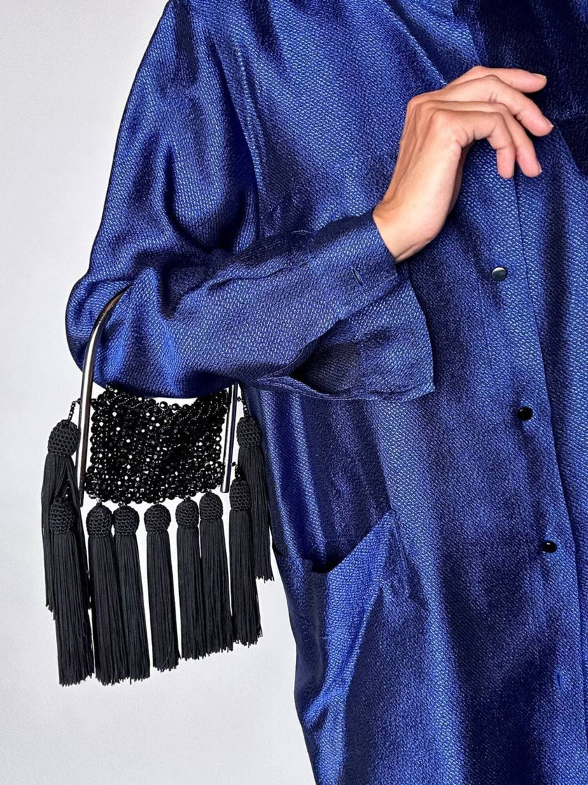 Borsa gioiello vintage in perline nere sfaccettate e maxi nappe couture