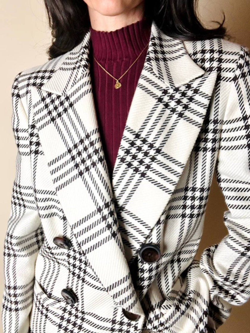 Blazer vintage Gai Mattiolo doppiopetto in lana panna con fantasia principe di Galles testa di moro