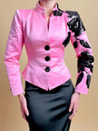 Blazer rosa con maxi fiori in paillettes nere 