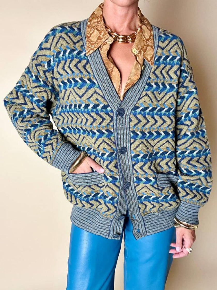 Cardigan Missoni Sport con pattern geometrico e trama tridimensionale nei toni del verde e blu