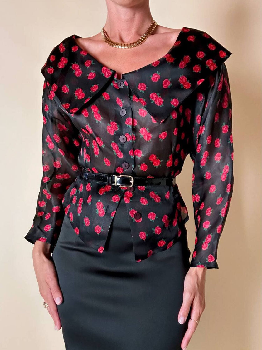 Camicia in organza nera fantasia rose rosse “Byblos”