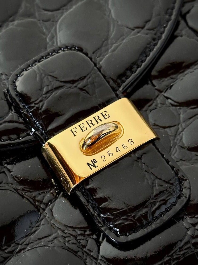 Borsa in pelle nera lucida stampa cocco “Gianfranco Ferré”