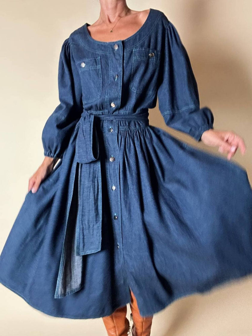 Abito chemisier Mister Luna in denim leggero con gonna a ruota e maniche a palloncino