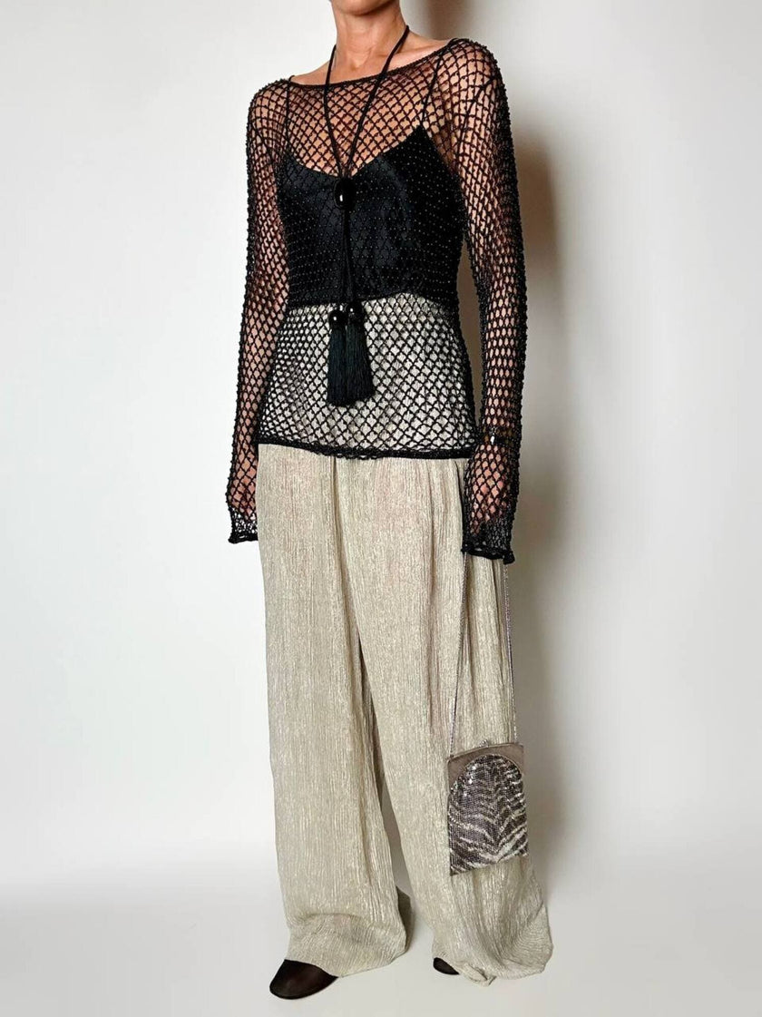 Maglia gioiello vintage List in rete operata con microperline nere