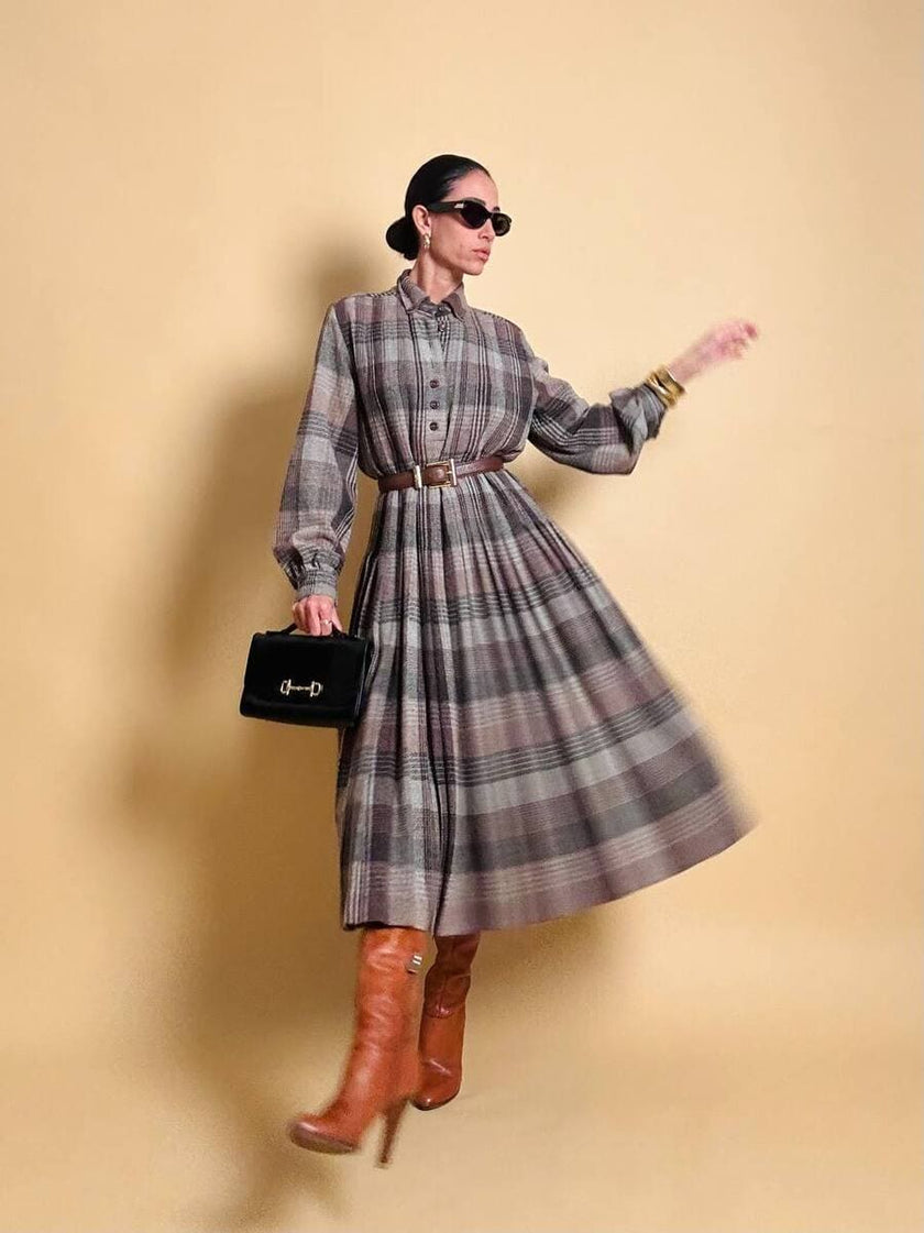 Maxi abito plissé in lana flanellata fantasia check