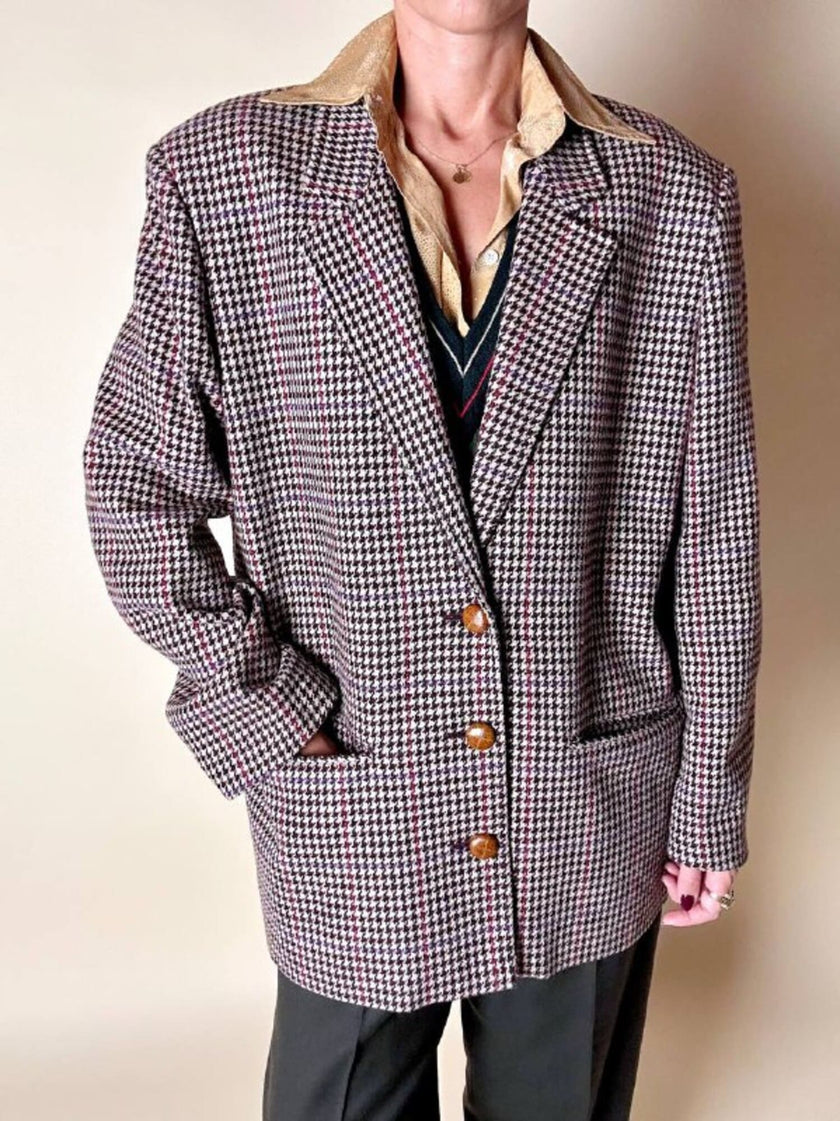 Blazer United Class Coll Colors Benetton in lana pied de poule beige e cioccolato con bottoni berlebeck