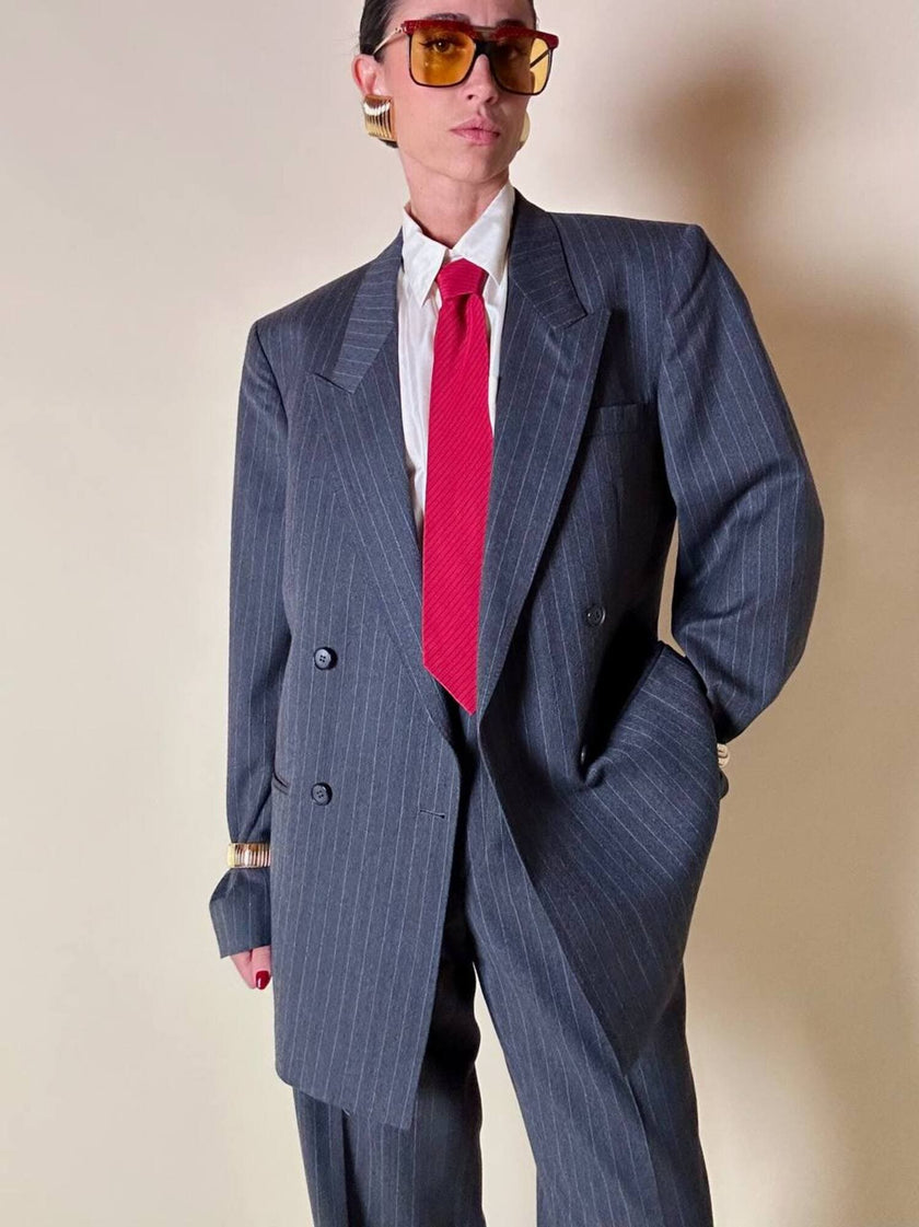 Tailleur gessato in lana grigio antracite “Yves Saint Laurent”