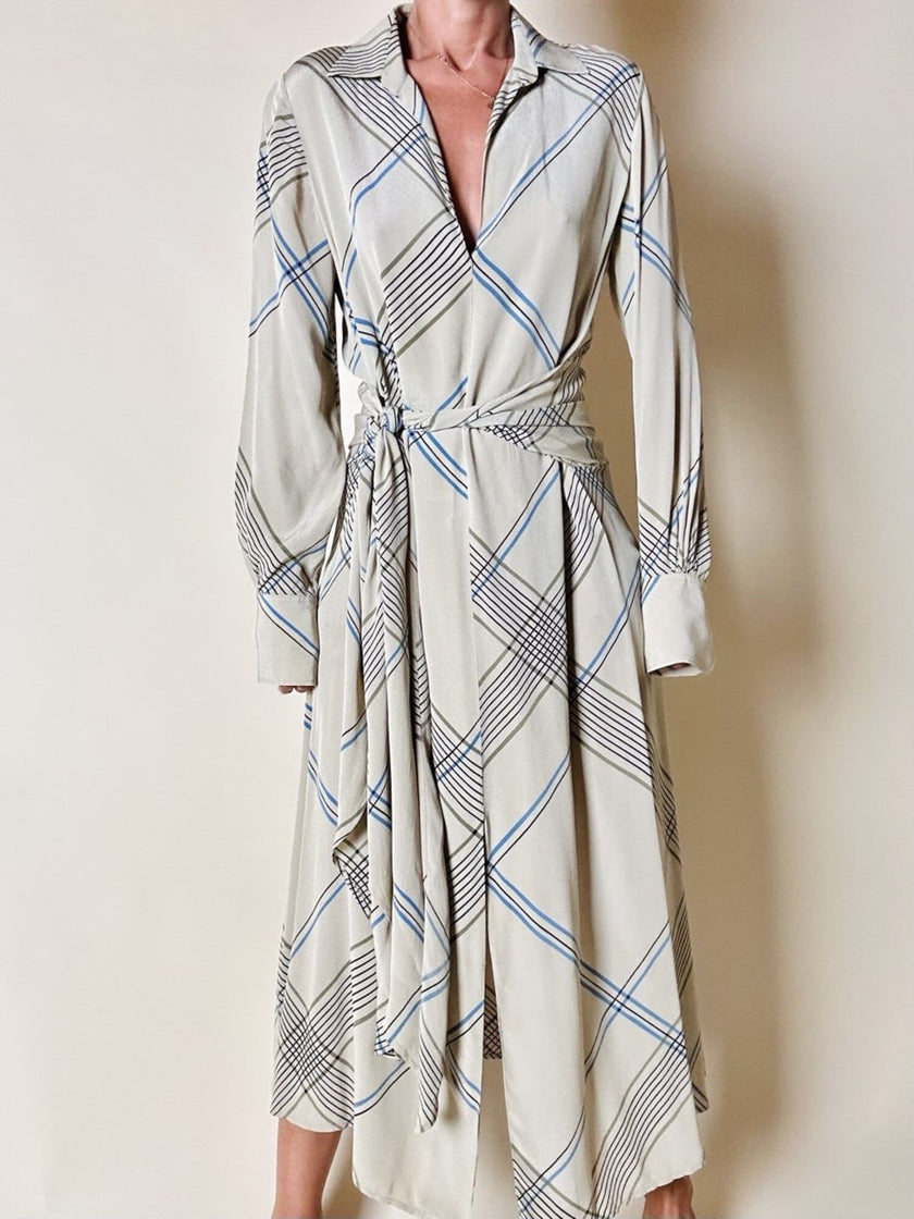 Abito Guy Laroche in crepe beige fantasia geometrica nera e azzurra