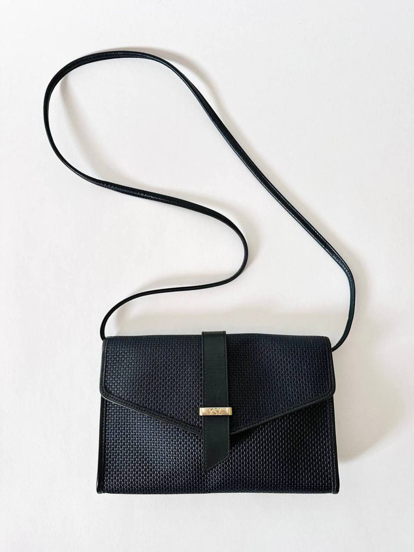 Borsa bandoulière vintage Yves Saint Laurent in tessuto plastificato e pelle blu notte