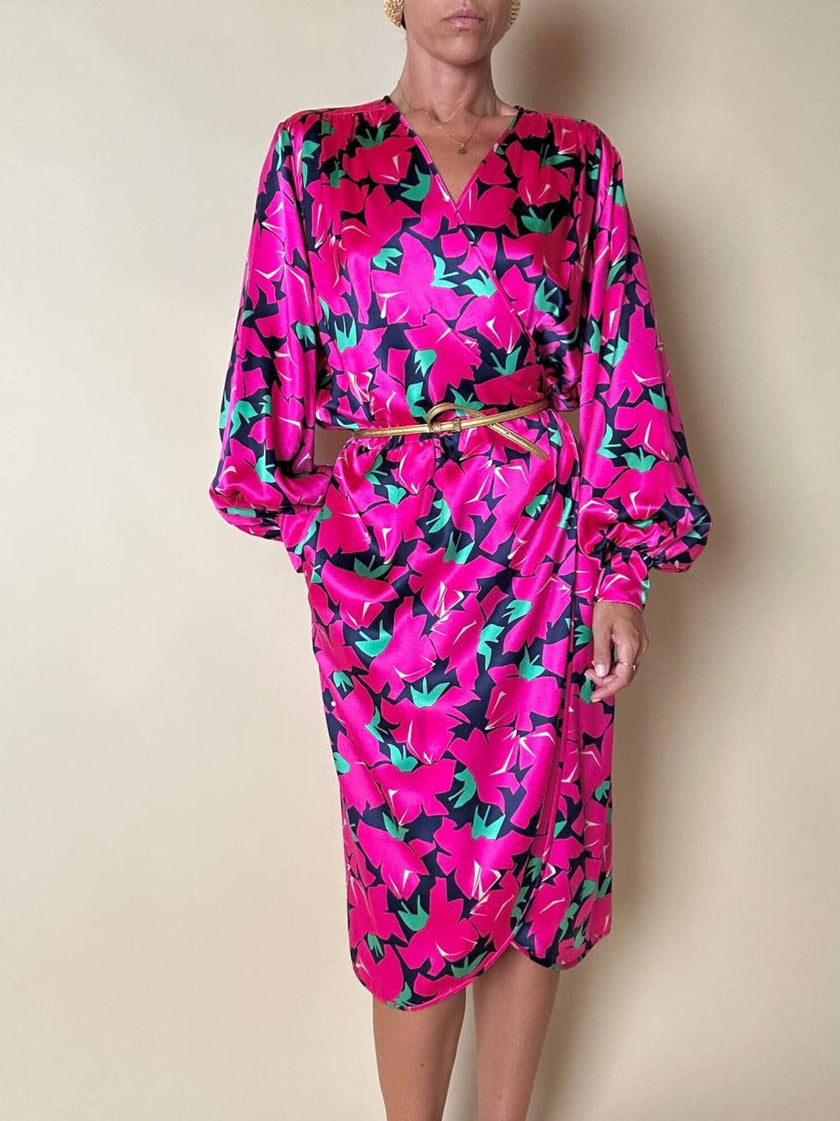 Vintage Yves Saint Laurent Wickelkleid aus Seidensatin mit Blumenmuster