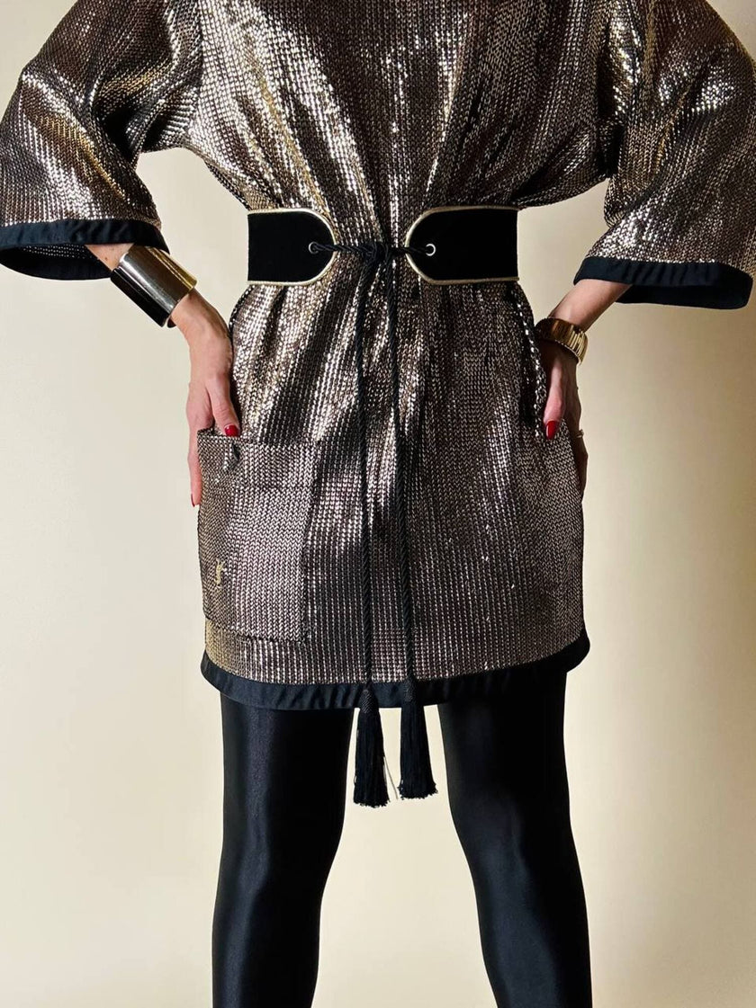 Mini dress oro in tessuto operato con profili neri in raso nero  “Yves Saint Laurent”