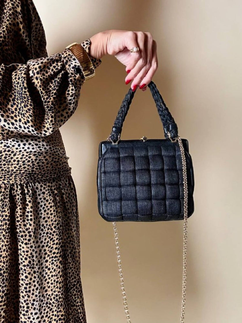 Mini bag in tessuto intrecciato con riporti in pelle