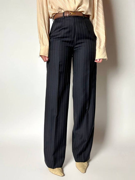 Pantalone vintage a palazzo blu notte gessato in pregiato fresco lana di Tasmania e seta