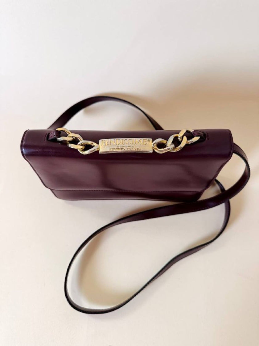 Fendissime handbag in burgundy brushed leather with gold chain jewel handle and detachable shoulder strap