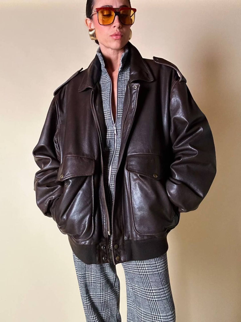 Bomber aviator oversize in pelle testa di moro