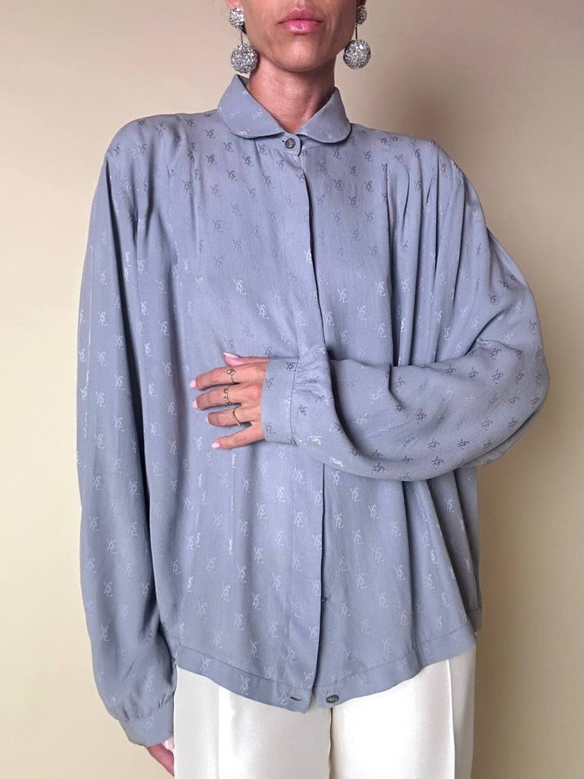 Camicia in seta Jacquard gray con logo YSL allover