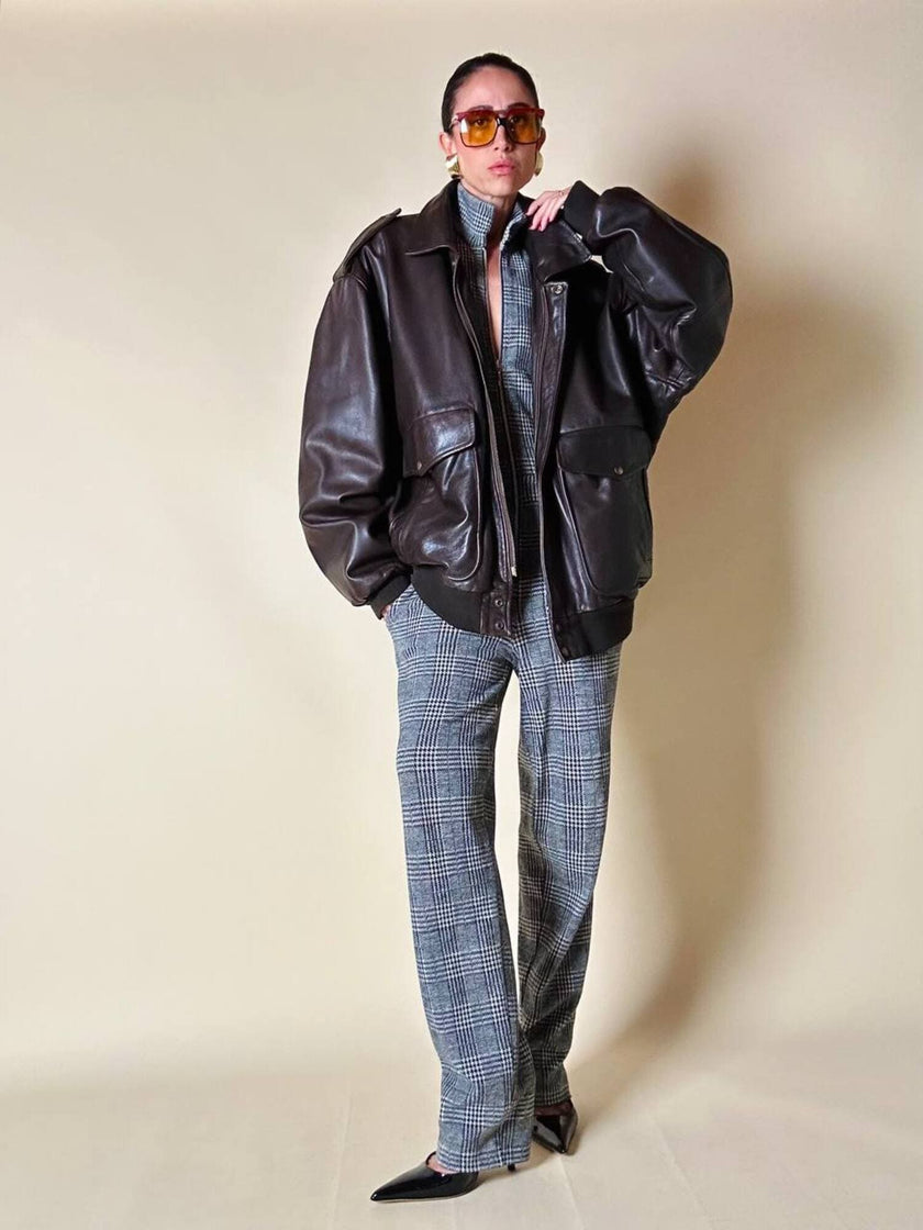 Bomber aviator oversize in pelle testa di moro