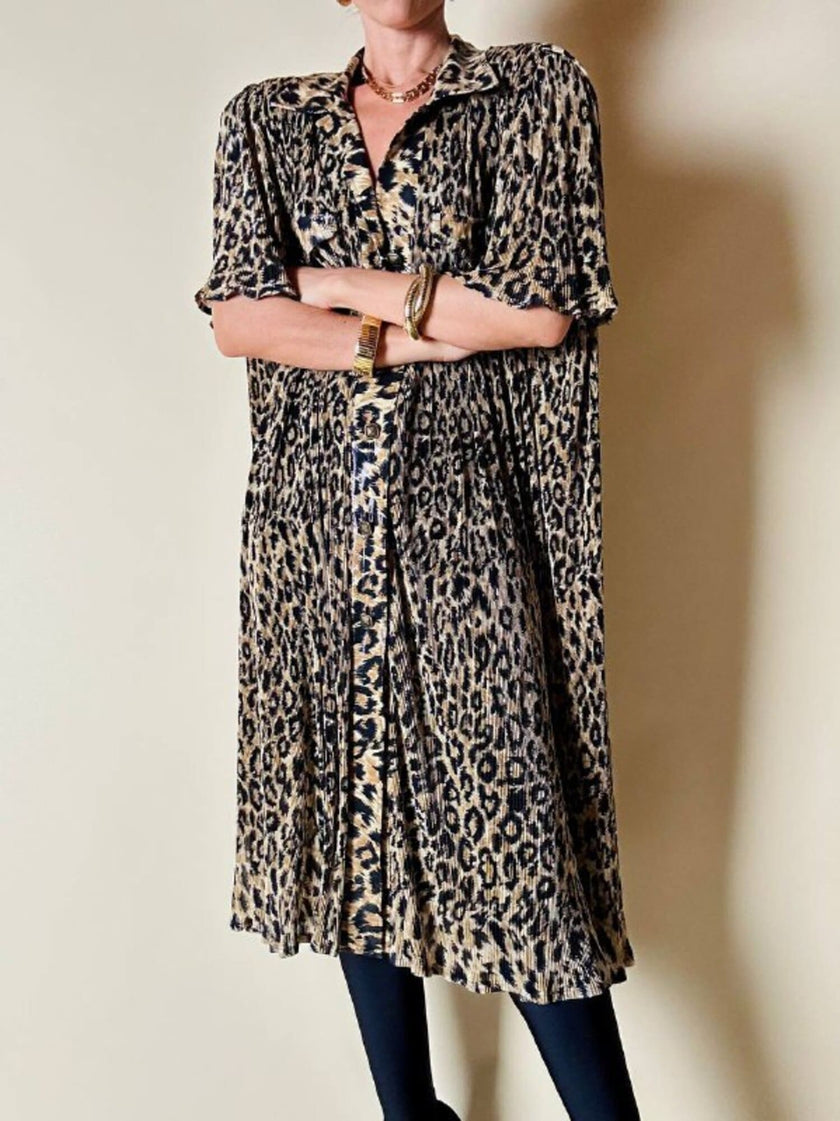 Chemisier vintage leopardato in tessuto micro plissé Henriette