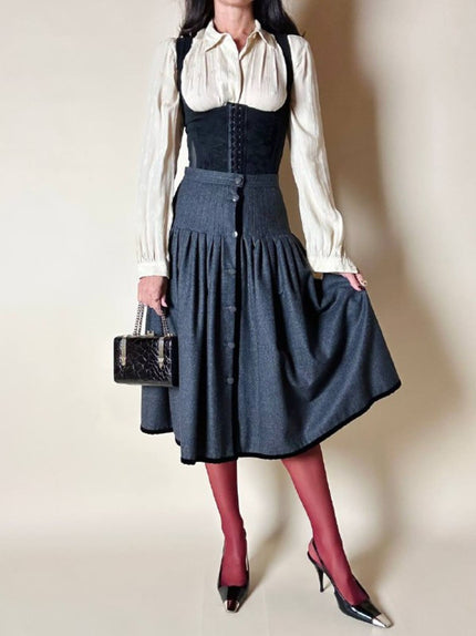 Gonna Fit and Flare Valentino Miss V in lana grigio antracite e velluto nero