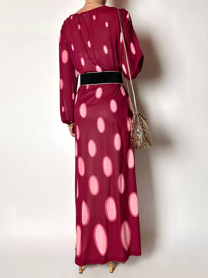 Maxi abito vintage Gottex in cpêpe amarena con maxi pois irregolari rosa