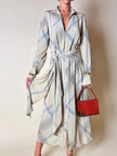 Abito Guy Laroche in crepe beige fantasia geometrica nera e azzurra