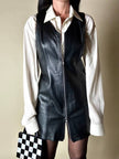 Abito scamiciato vintage in pelle nera con zip frontale