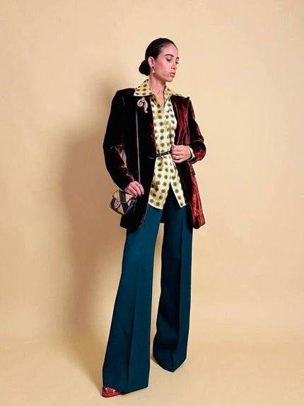 Pantalone a palazzo in gabardine di lana verde bottiglia