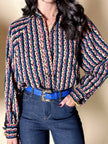 Cintura vintage Yves Saint Laurent in pelle bluette con fibbia gioiello dorata