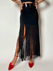 Gonna a tubino vintage Ivoire De Laurence Paris in jersey nero con frange lunghe