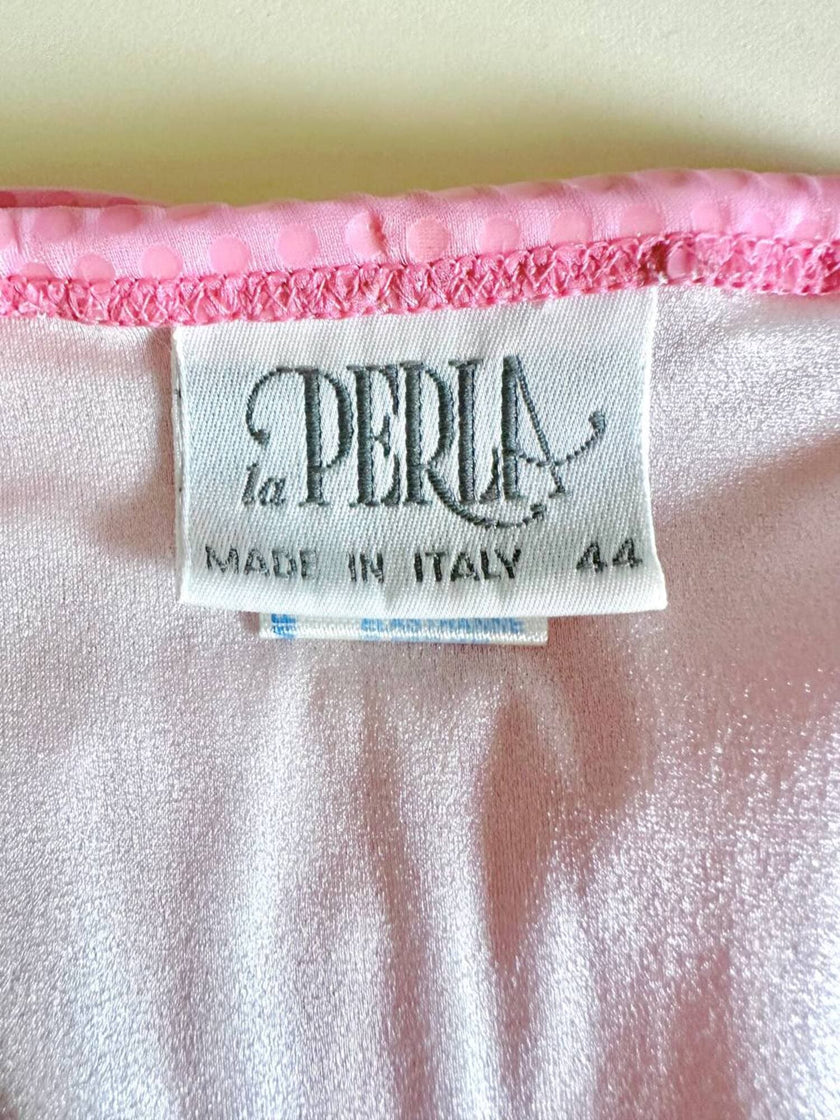 Mini dress rosa in tessuto stretch con micro paillettes trasparenti termo-adesive “La Perla”