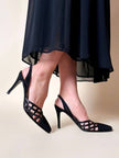 Slingback con dettaglio a rete in tessuto nero opaco e pitone “Beltrami”