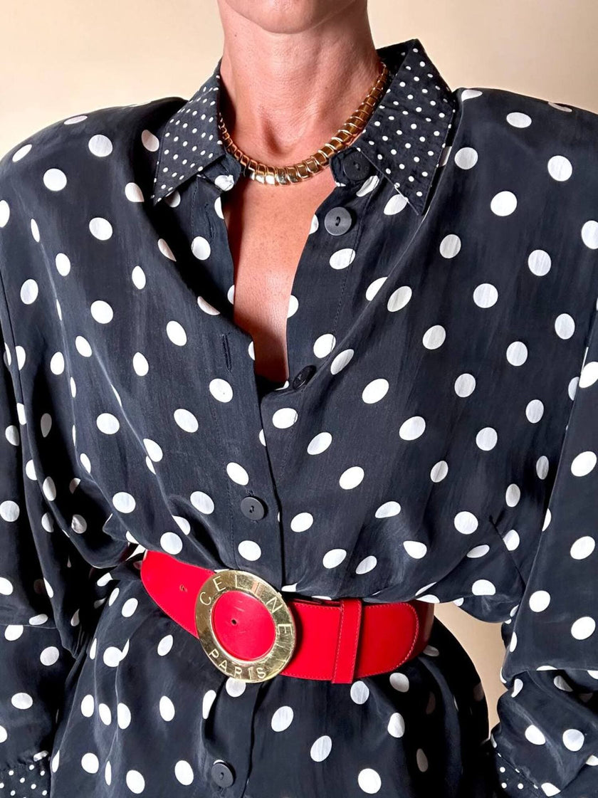Cintura alta in pelle rossa con fibbia rotonda dorata “Celine”