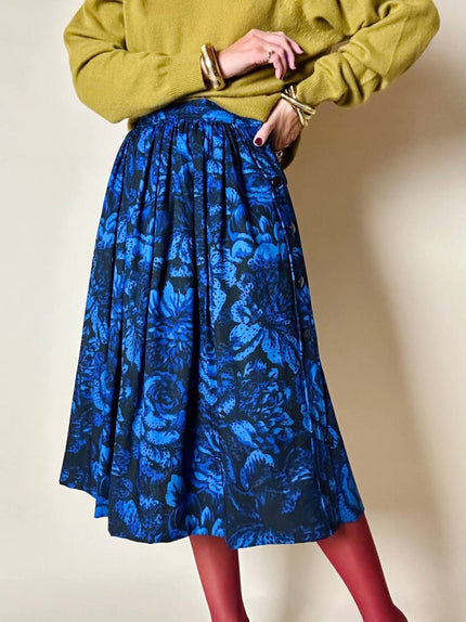 Gonna a ruota Yves Saint Laurent Variation in lana blu elettrico con fantasia floreale nera