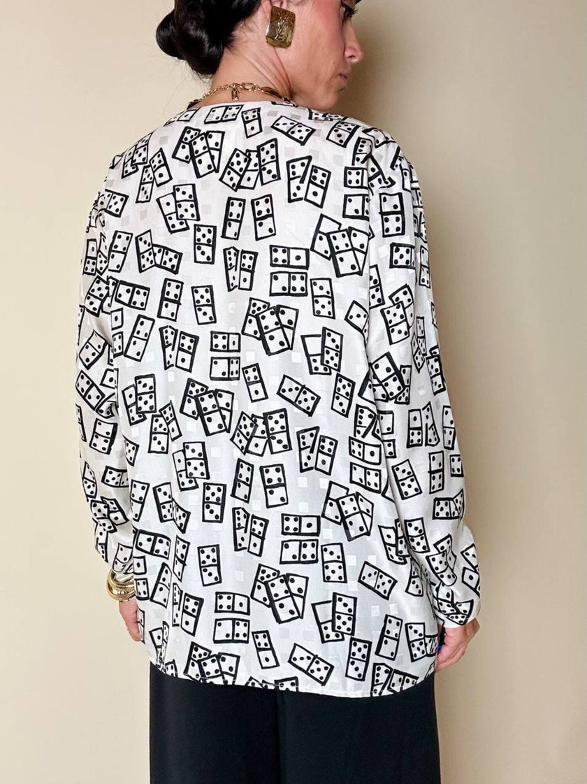 Blusa Yves Saint Laurent in tessuto jacquard bianco e nero fantasia Domino