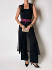 Gilet vintage lungo in rete nera con rever e spacchi laterali New Age