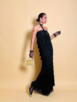 Abito/gonna in crepe di seta nero con frange a balze