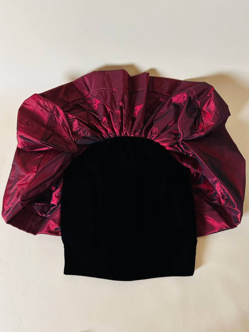 Minigonna in velluto nero con maxi ruches in taffetà bordeaux “Gabriella Ceroni”