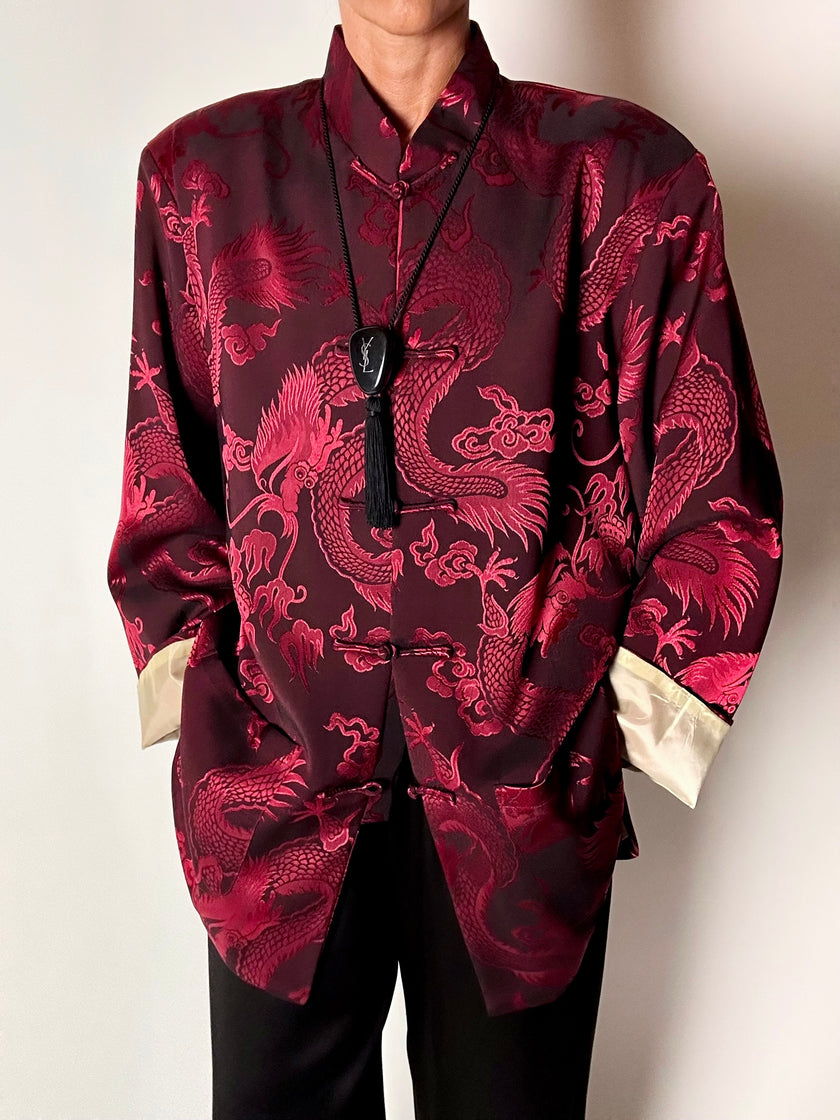Giacca vintage in tessuto jacquard bordeaux con draghi cinesi e alamari