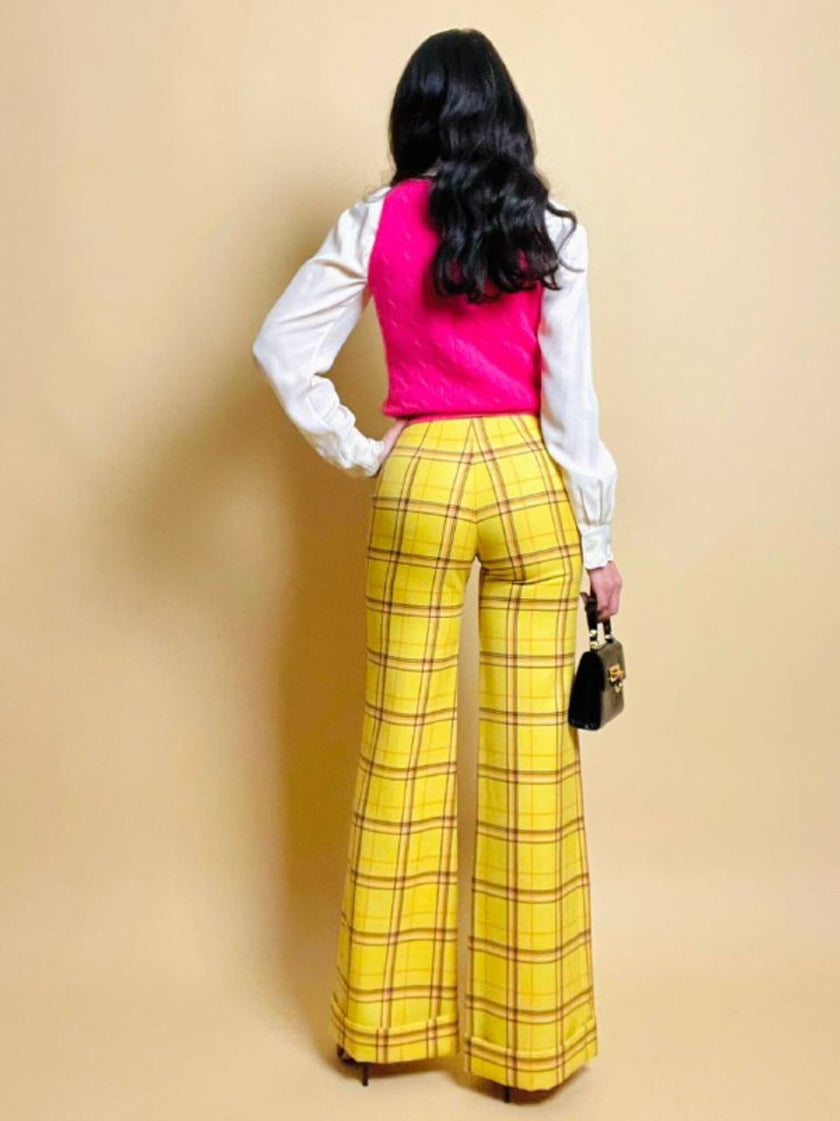 Pantalone a zampa fantasia tartan giallo scuolabus