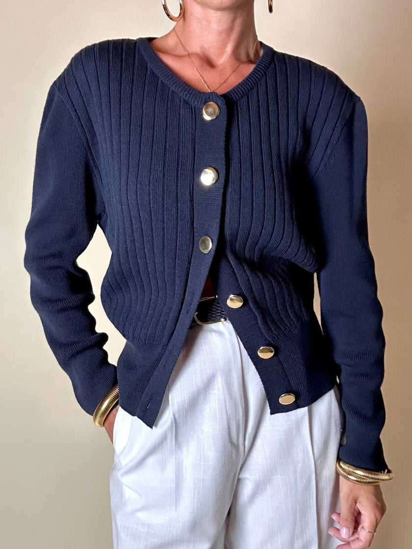 Cardigan Yves Saint Laurent blu navy con bottoni dorati a specchio