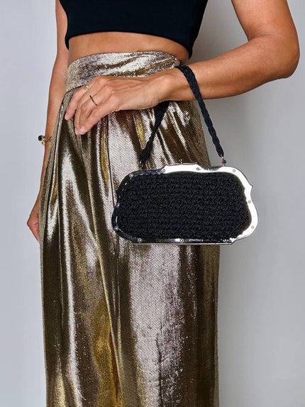 Borsa da sera vintage Art Déco in crochet  nero con montatura in metallo argentato