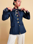 Blazer Yves Saint Laurent blu navy con maxi bottoni oro