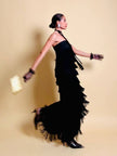 Abito/gonna in crepe di seta nero con frange a balze
