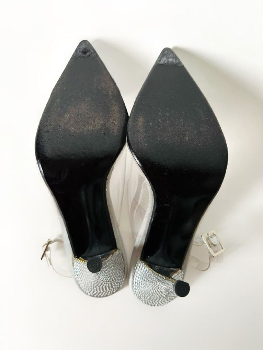 Slingback vintage a punta in plexi e strass argento Stuart Weitzman