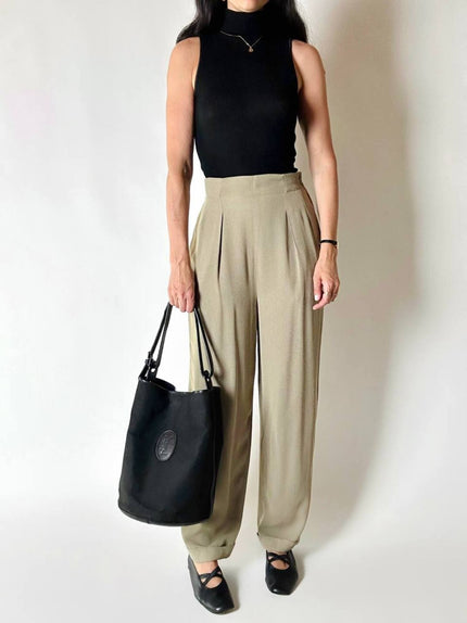 Pantalone vintage Emporio Armani a vita alta in tessuto cachi effetto Fil-à-Fil