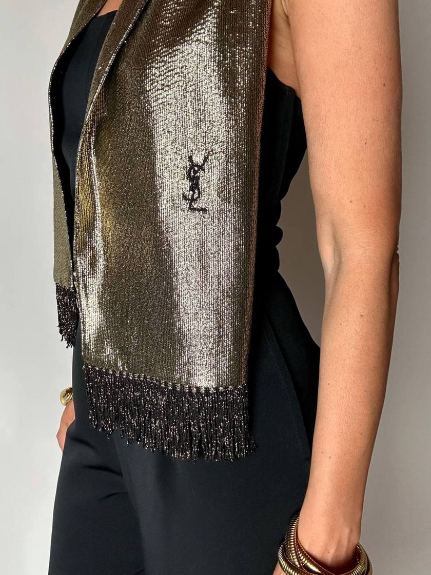 Sciarpa vintage Yves Saint Laurent in lamé di seta oro con frange e logo YSL ricamato