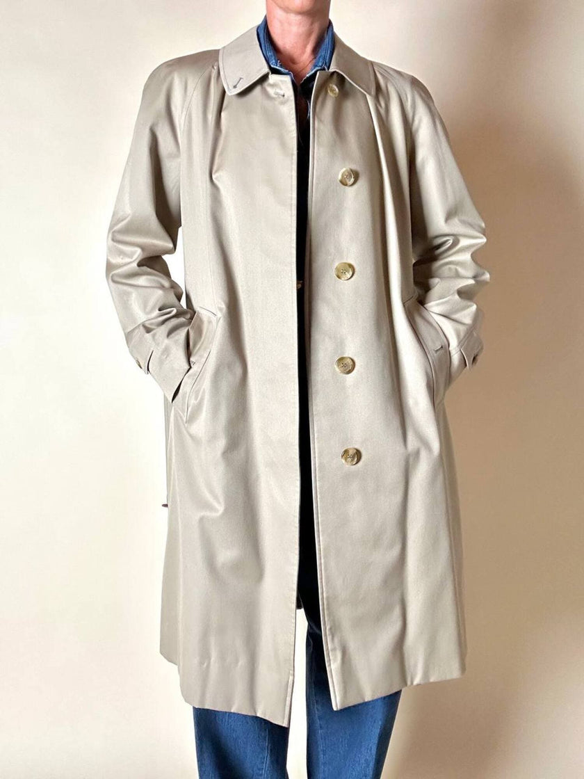 Vintage Burberry’s beige quill gabardine trench coat with matching belt and Check lining