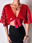 Top-Bolero vintage rosso con taglio a mantellina in seta ricamato con paillettes
