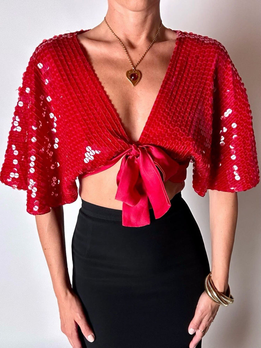 Top-Bolero vintage rosso con taglio a mantellina in seta ricamato con paillettes