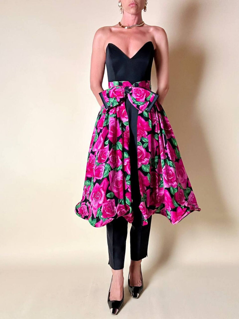 Gonna a ruota in seta fantasia floreale fucsia con maxi fiocco